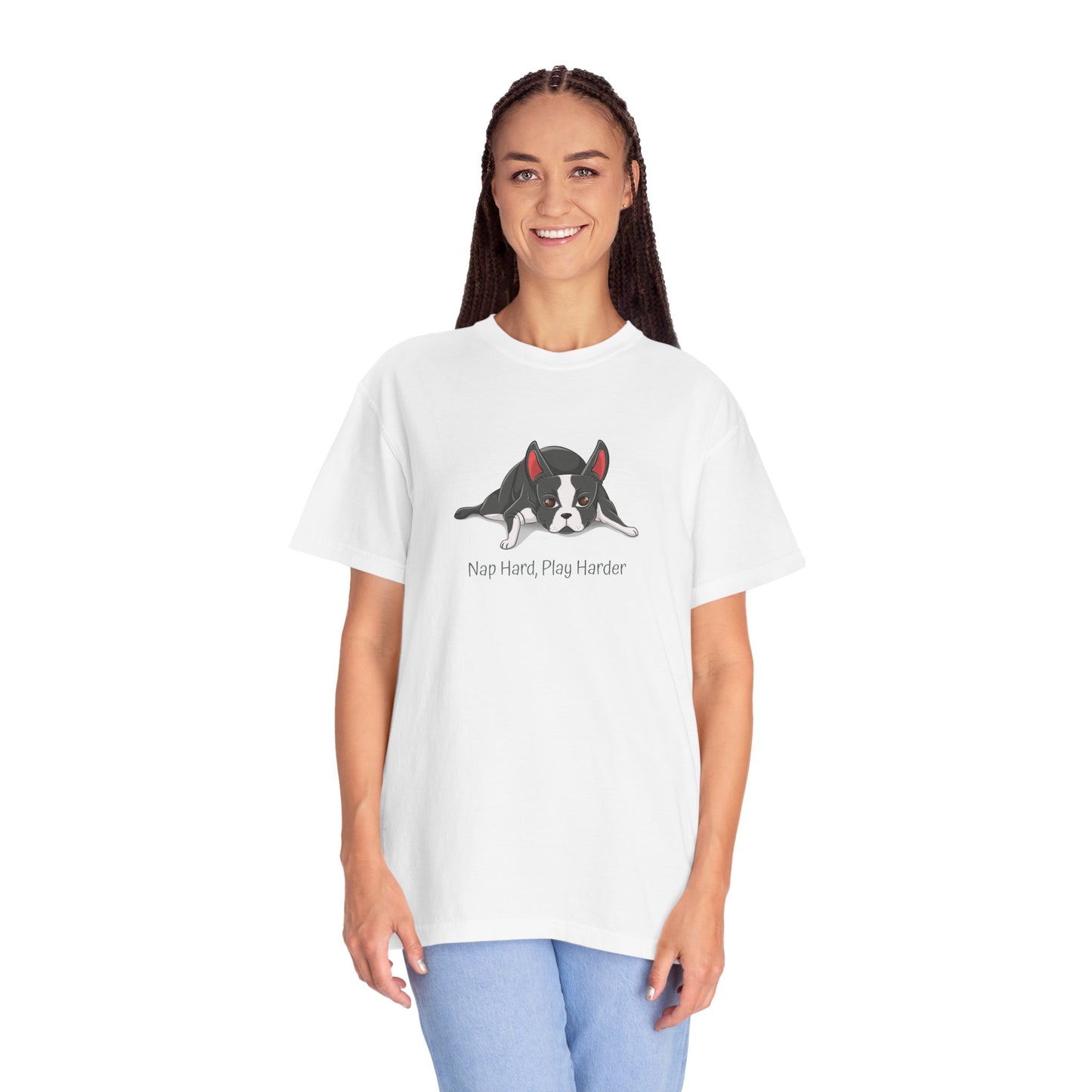 “Nap Hard, Play Harder” Boston Terrier - Unisex Garment-Dyed T-shirt