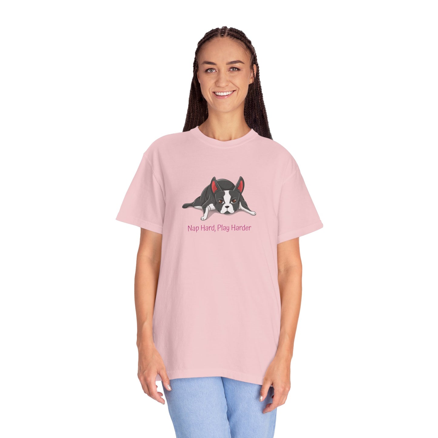 “Nap Hard, Play Harder” Boston Terrier - Unisex Garment-Dyed T-shirt