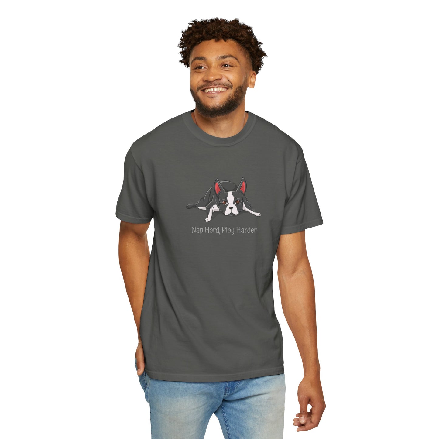 “Nap Hard, Play Harder” Boston Terrier - Unisex Garment-Dyed T-shirt
