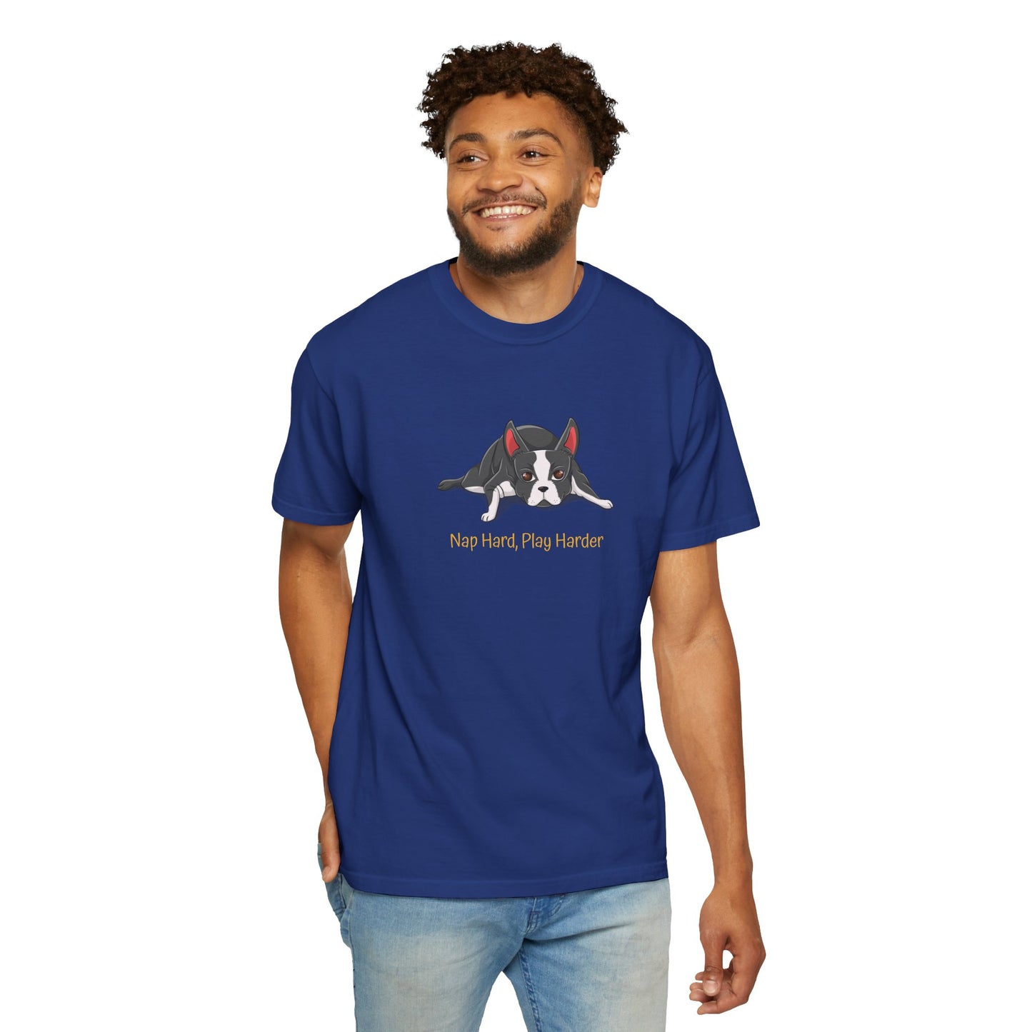 “Nap Hard, Play Harder” Boston Terrier - Unisex Garment-Dyed T-shirt