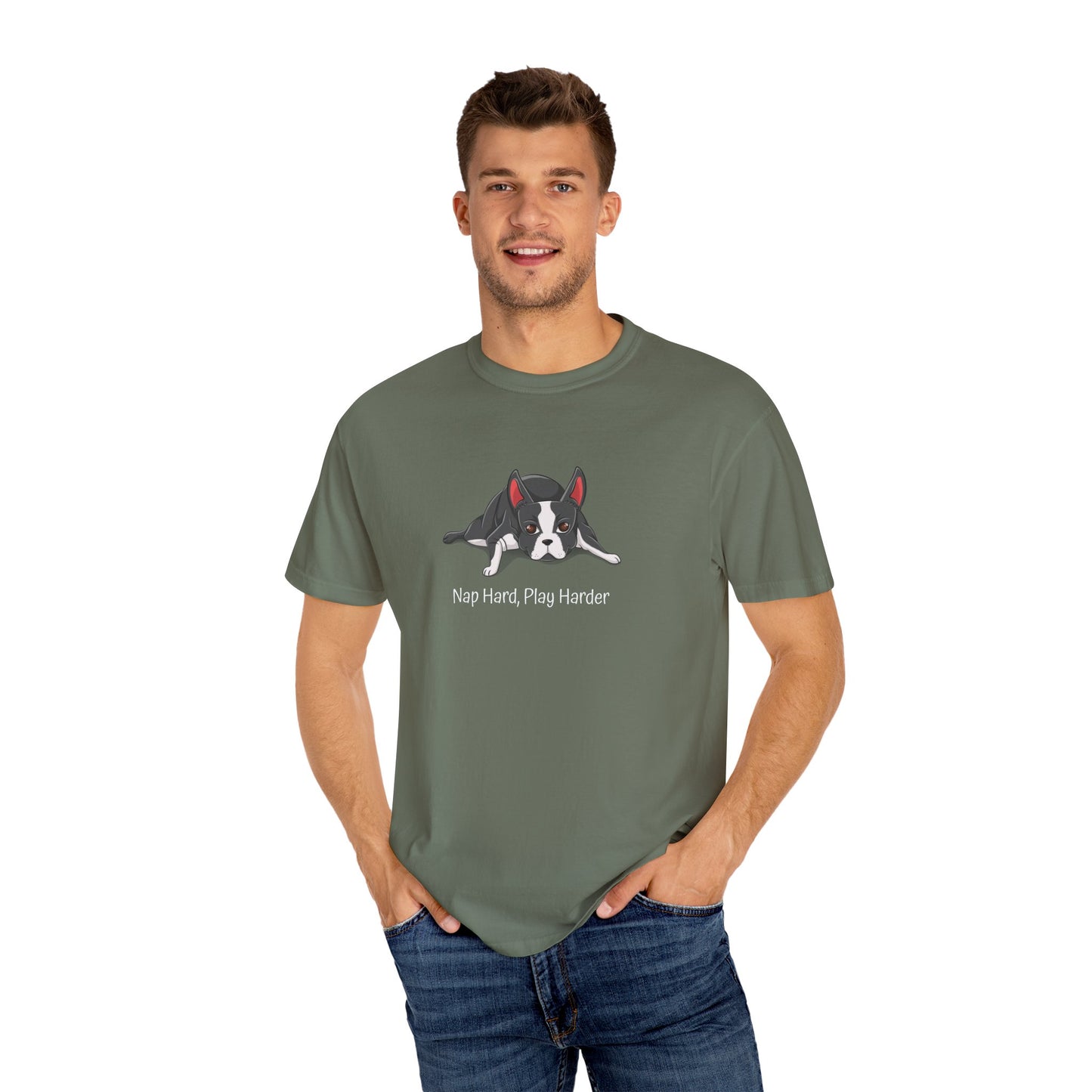 “Nap Hard, Play Harder” Boston Terrier - Unisex Garment-Dyed T-shirt