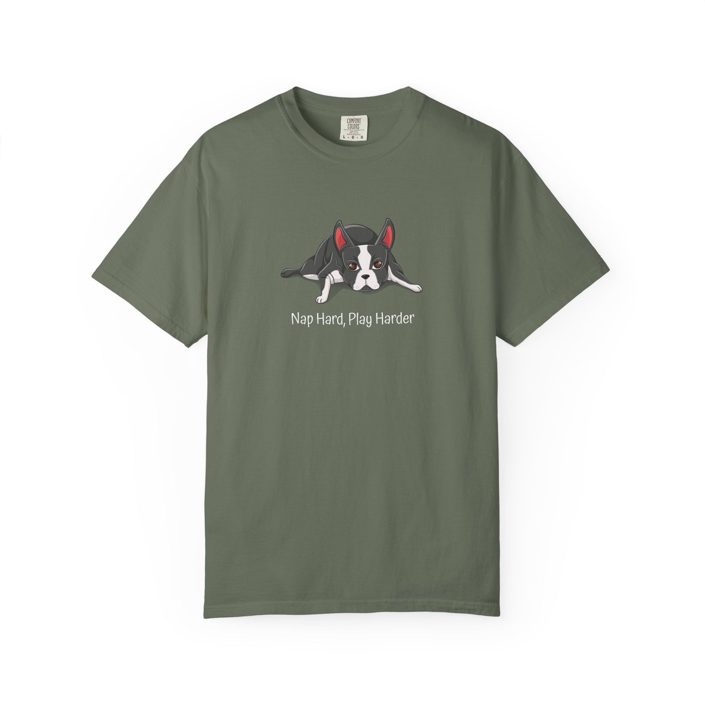 “Nap Hard, Play Harder” Boston Terrier - Unisex Garment-Dyed T-shirt