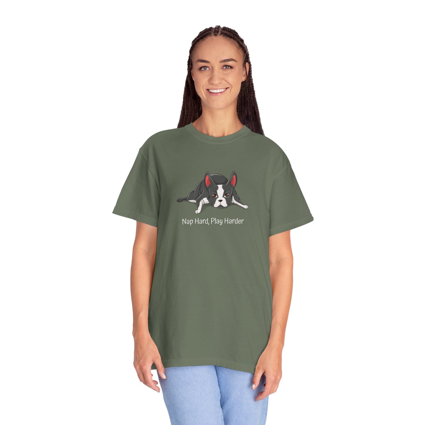 “Nap Hard, Play Harder” Boston Terrier - Unisex Garment-Dyed T-shirt
