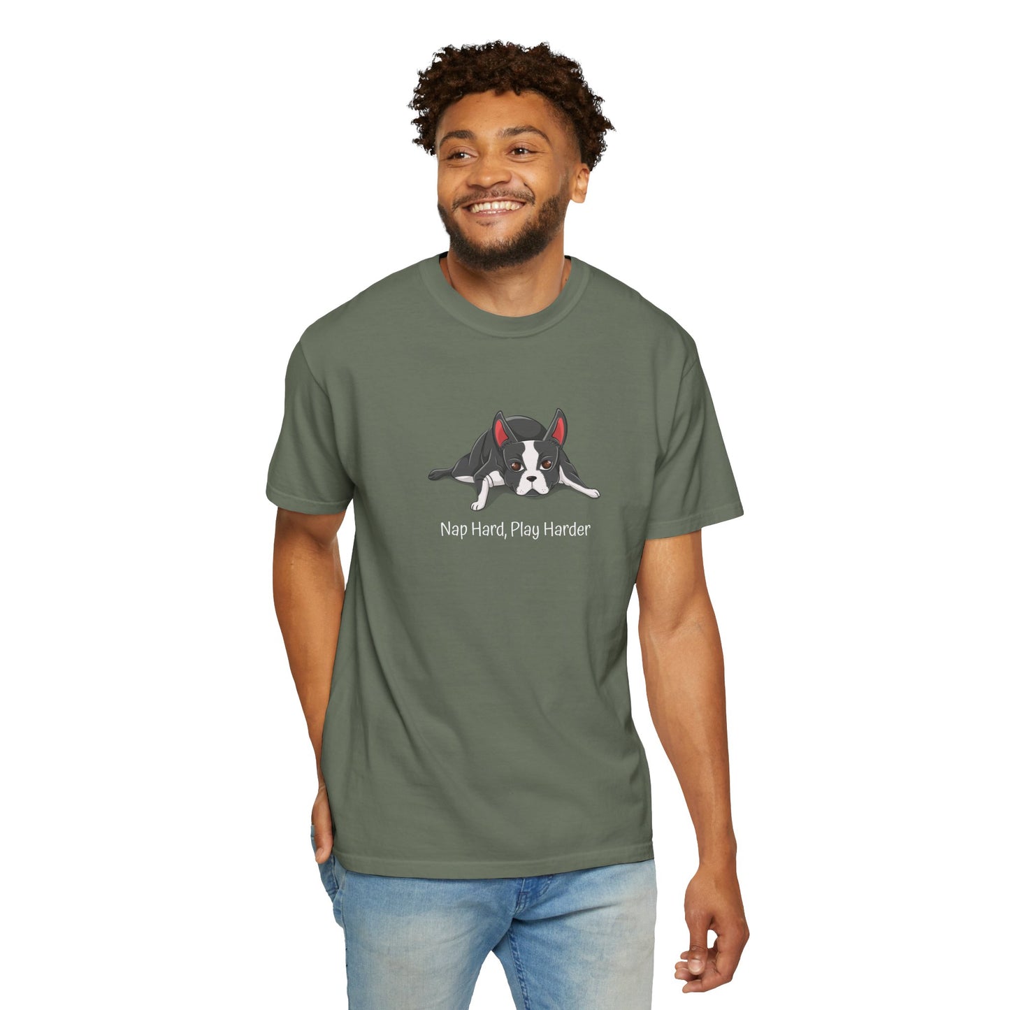 “Nap Hard, Play Harder” Boston Terrier - Unisex Garment-Dyed T-shirt
