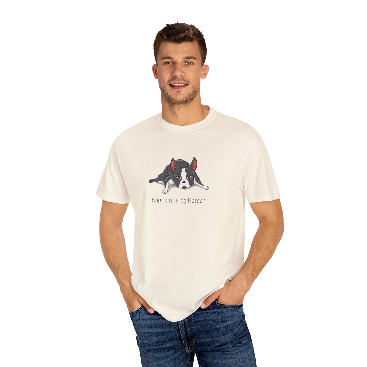 “Nap Hard, Play Harder” Boston Terrier - Unisex Garment-Dyed T-shirt