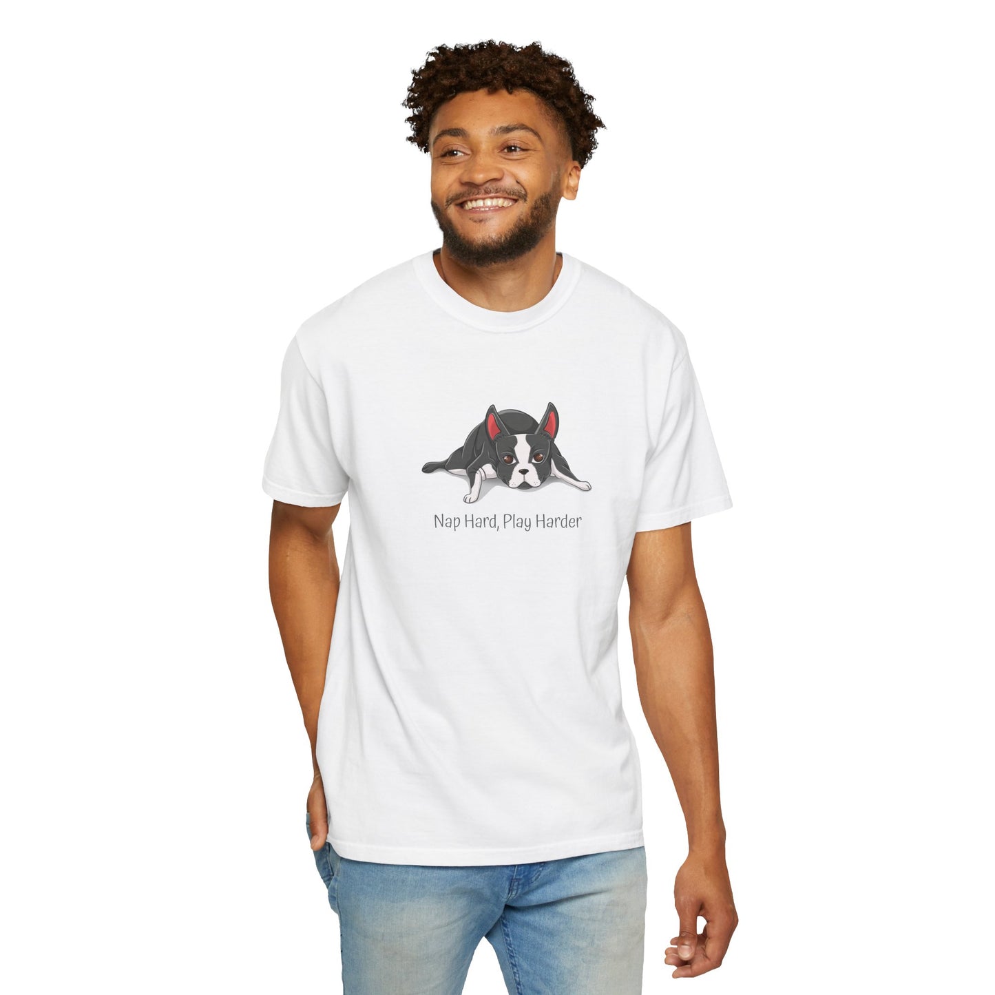 “Nap Hard, Play Harder” Boston Terrier - Unisex Garment-Dyed T-shirt