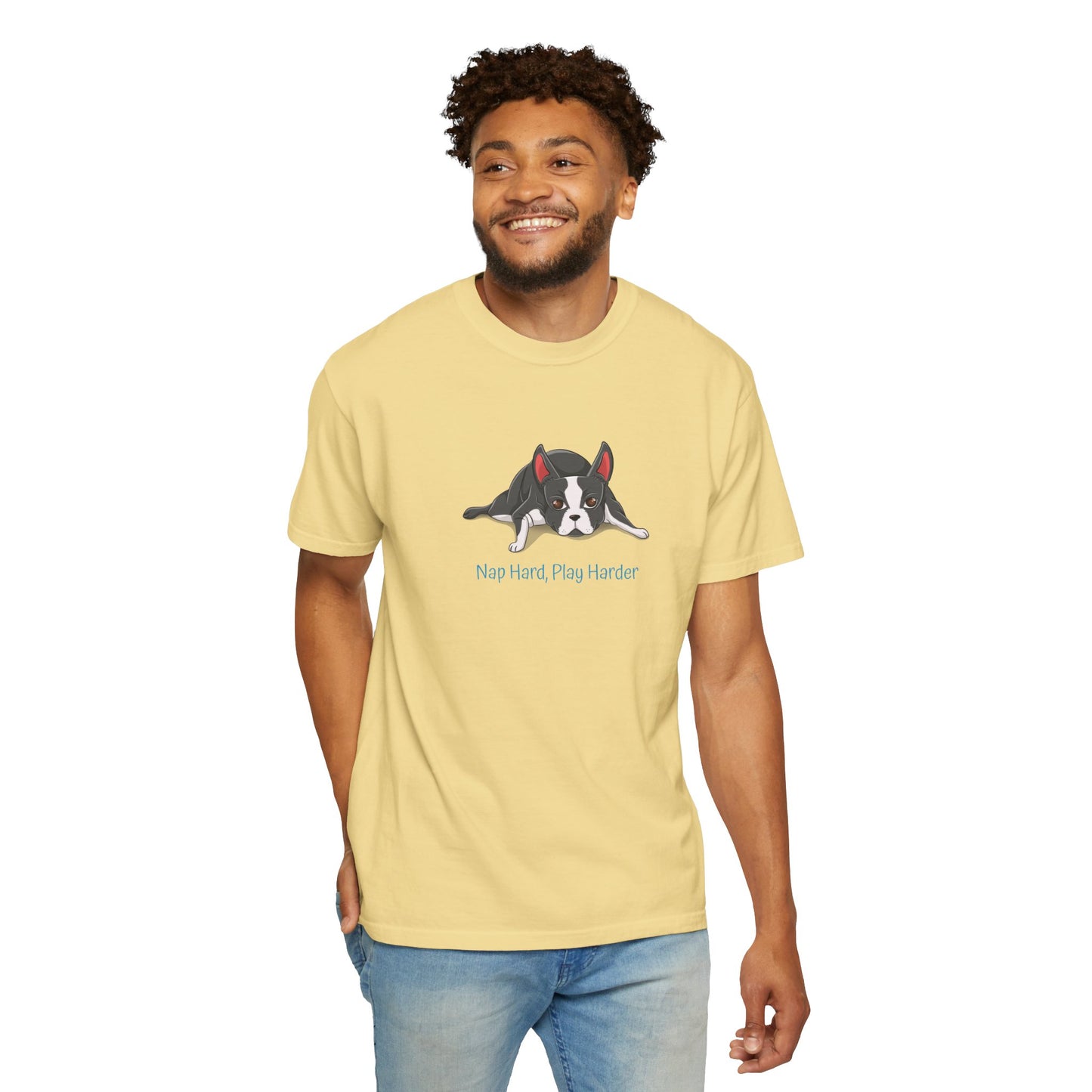 “Nap Hard, Play Harder” Boston Terrier - Unisex Garment-Dyed T-shirt