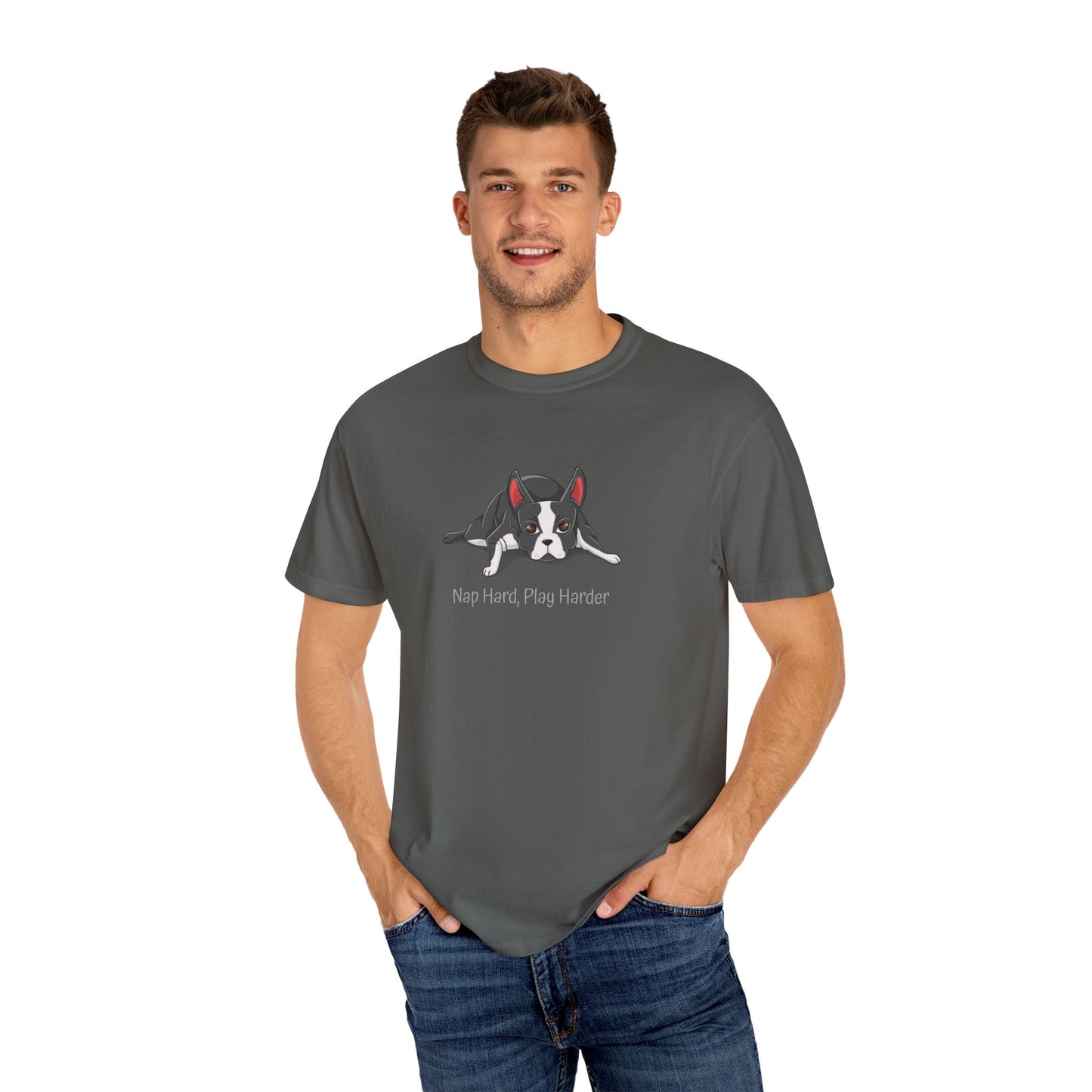 “Nap Hard, Play Harder” Boston Terrier - Unisex Garment-Dyed T-shirt