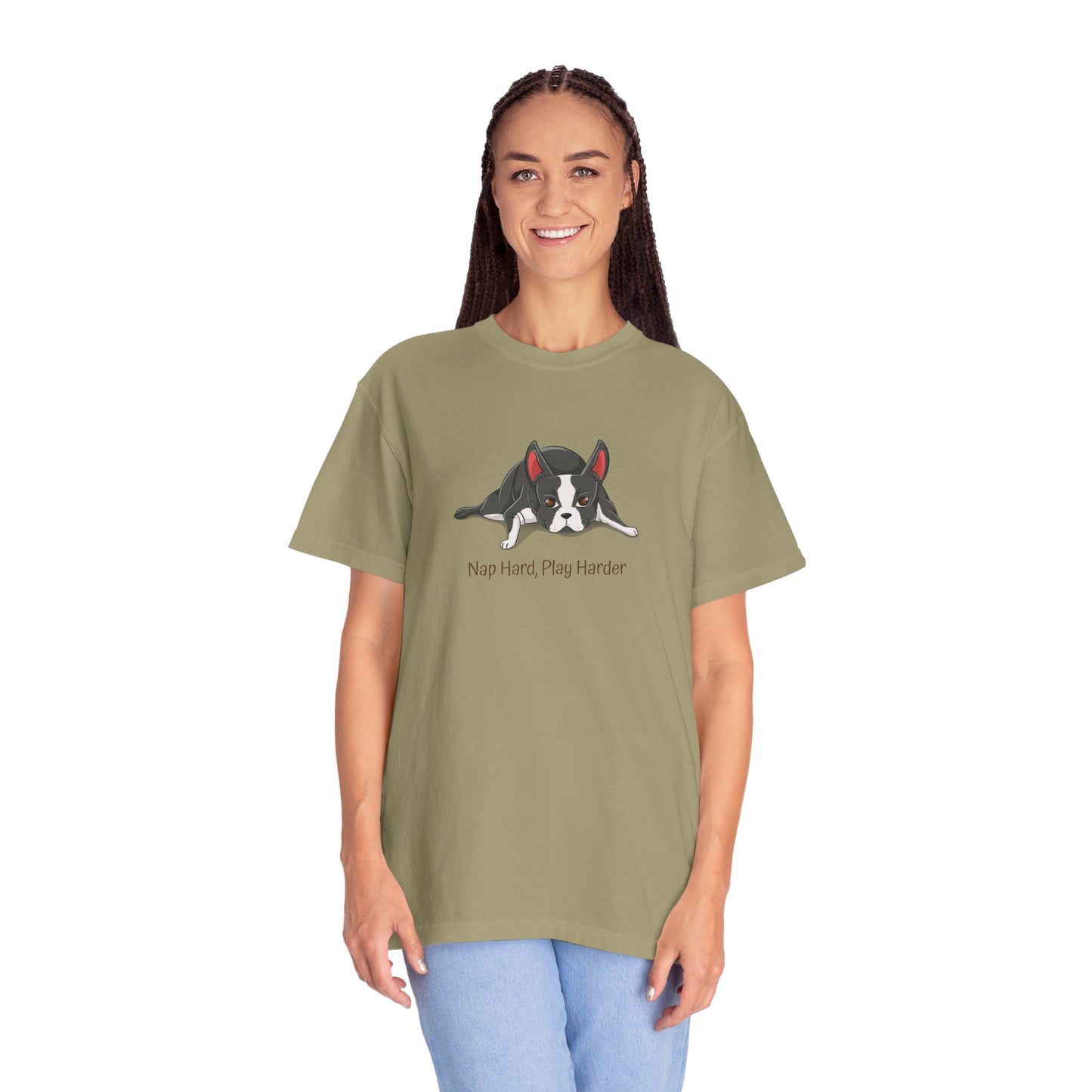 “Nap Hard, Play Harder” Boston Terrier - Unisex Garment-Dyed T-shirt
