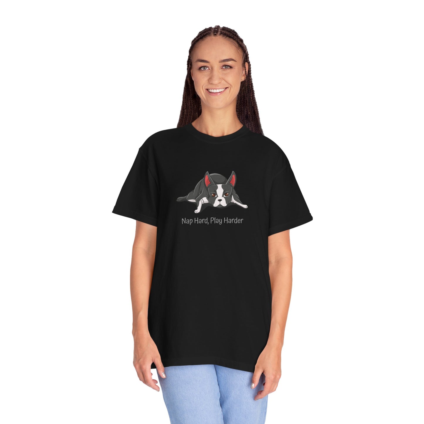 “Nap Hard, Play Harder” Boston Terrier - Unisex Garment-Dyed T-shirt
