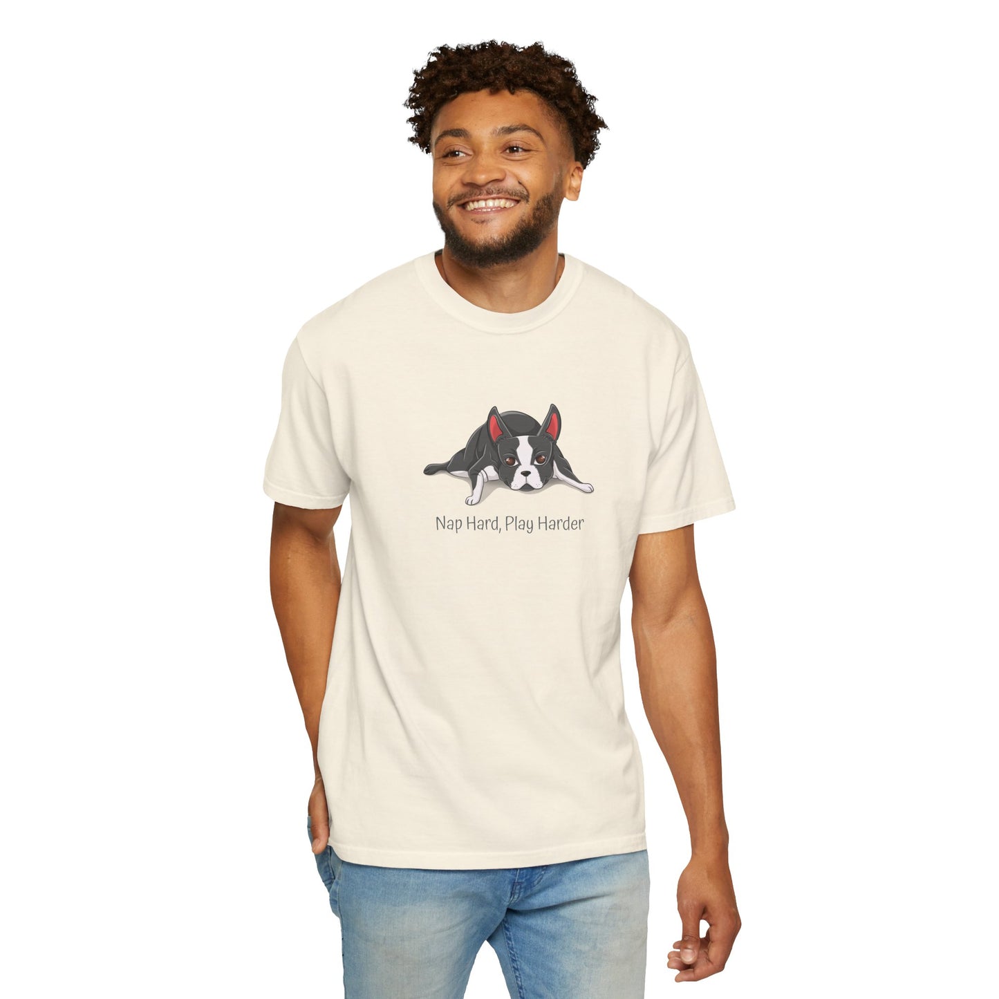 “Nap Hard, Play Harder” Boston Terrier - Unisex Garment-Dyed T-shirt
