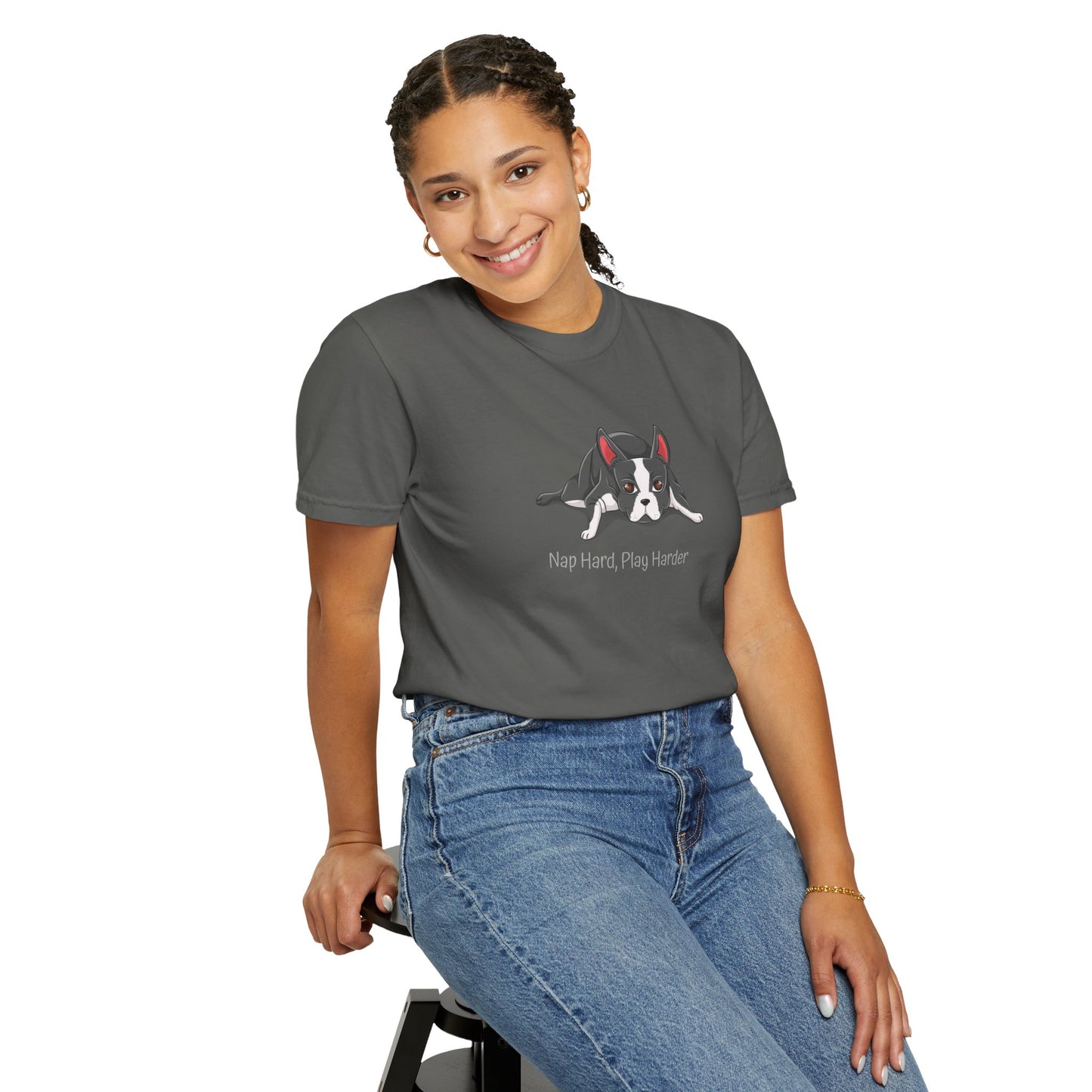 “Nap Hard, Play Harder” Boston Terrier - Unisex Garment-Dyed T-shirt