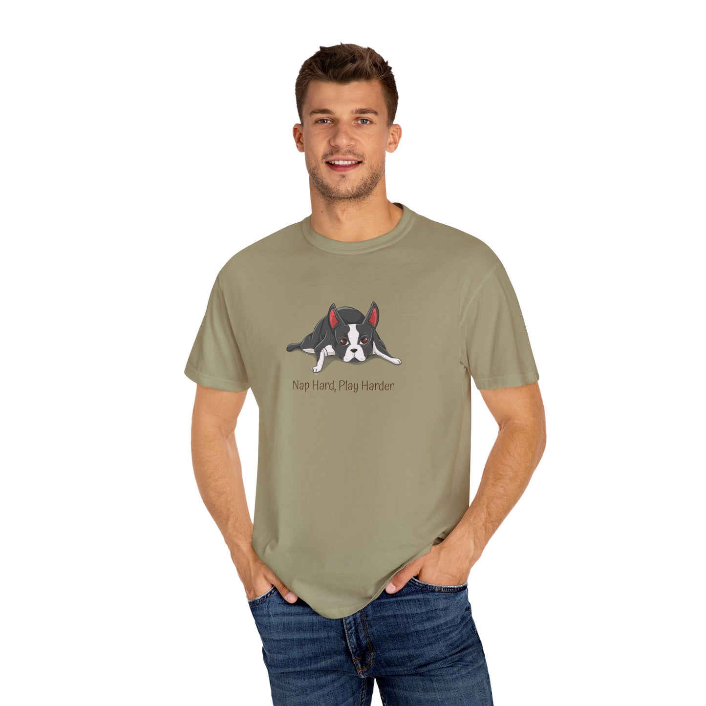 “Nap Hard, Play Harder” Boston Terrier - Unisex Garment-Dyed T-shirt