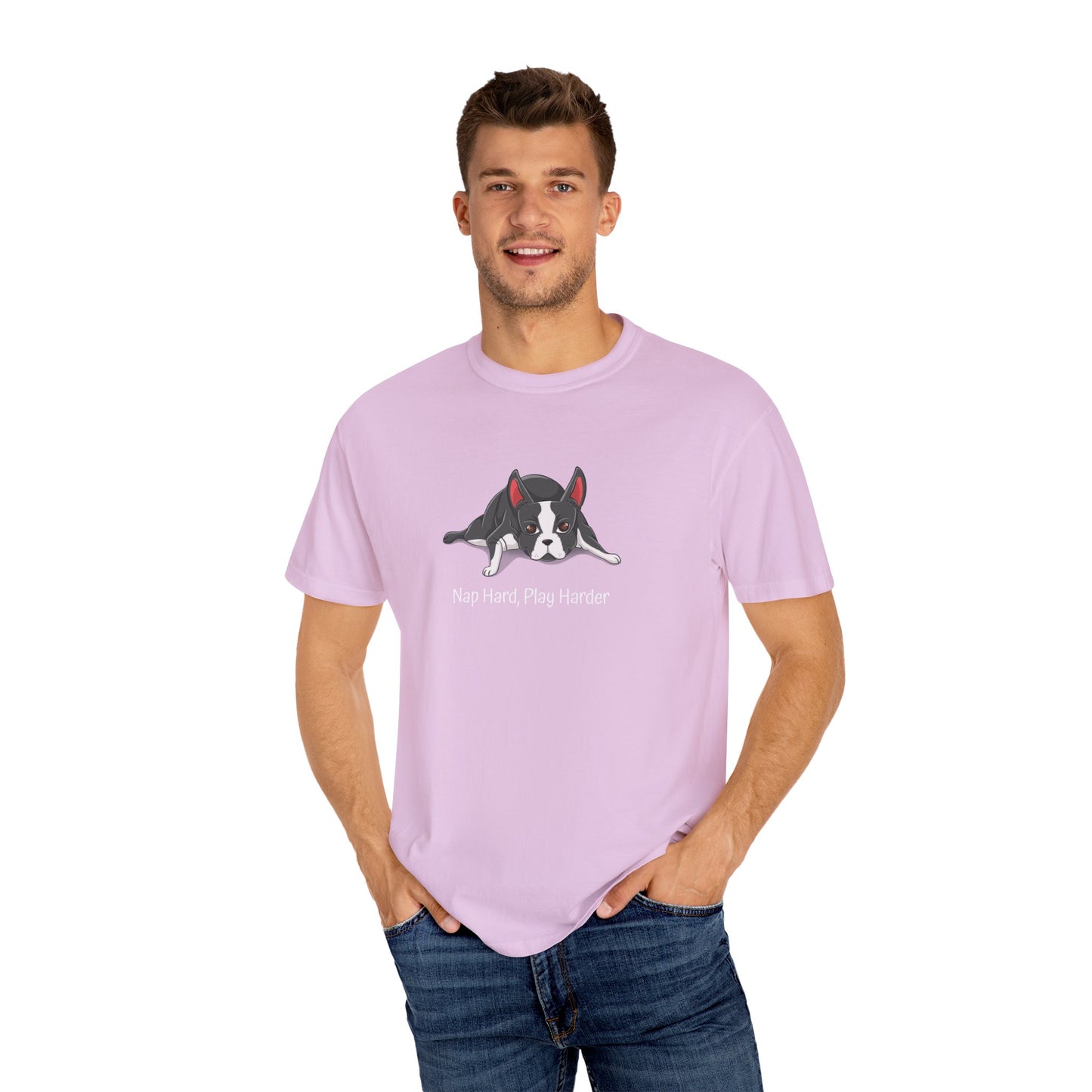 “Nap Hard, Play Harder” Boston Terrier - Unisex Garment-Dyed T-shirt