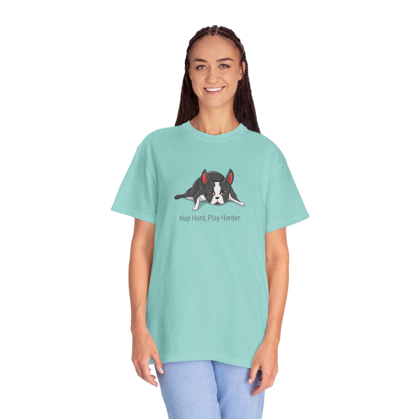 “Nap Hard, Play Harder” Boston Terrier - Unisex Garment-Dyed T-shirt
