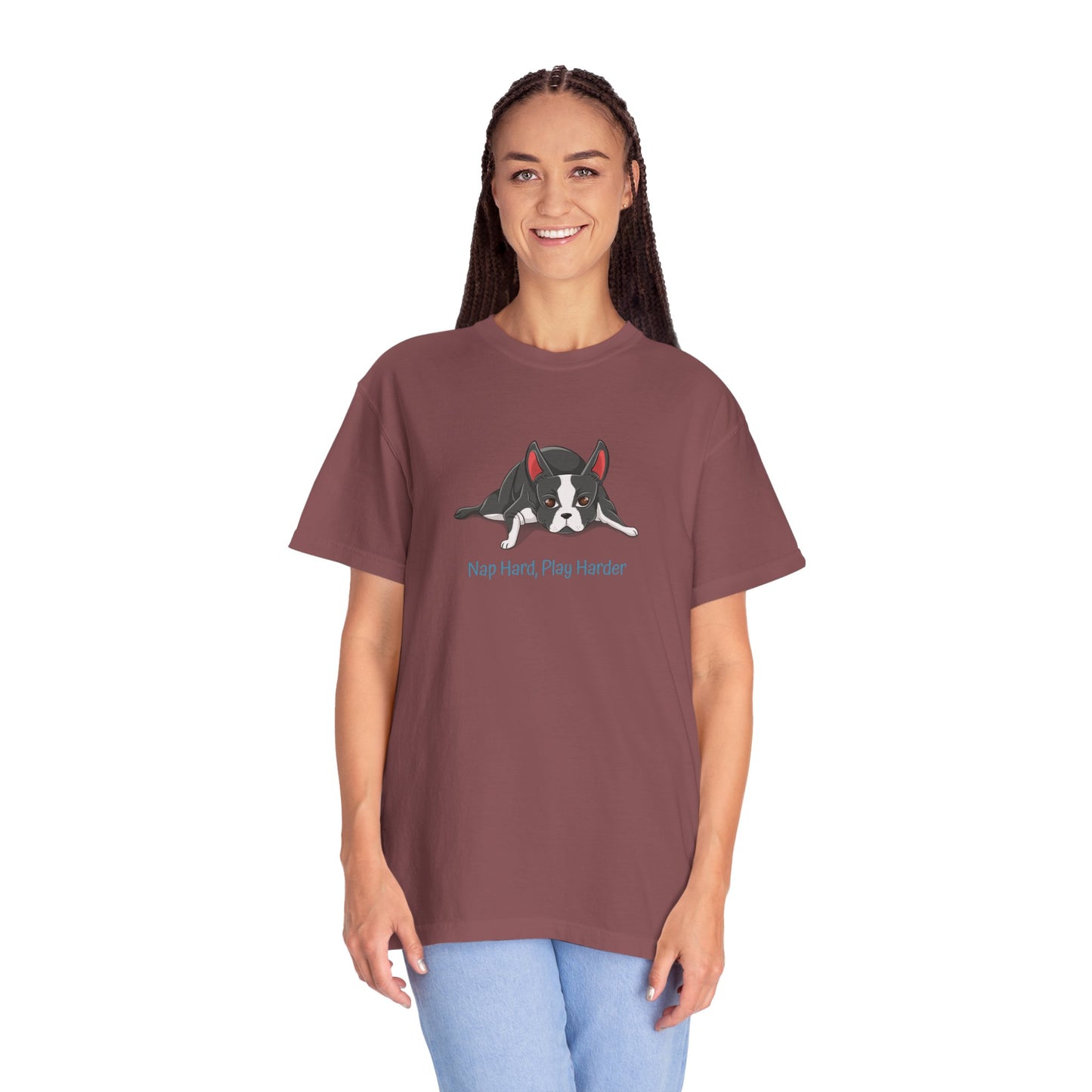 “Nap Hard, Play Harder” Boston Terrier - Unisex Garment-Dyed T-shirt