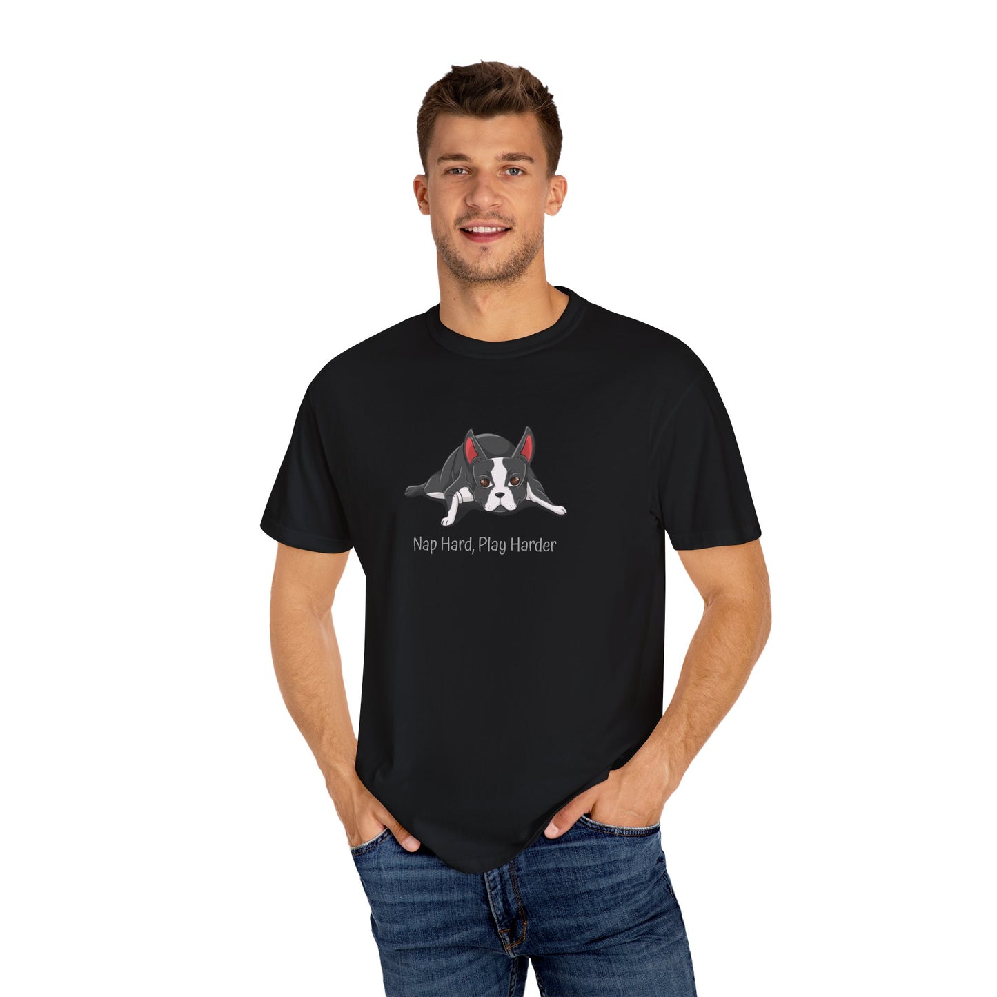 “Nap Hard, Play Harder” Boston Terrier - Unisex Garment-Dyed T-shirt
