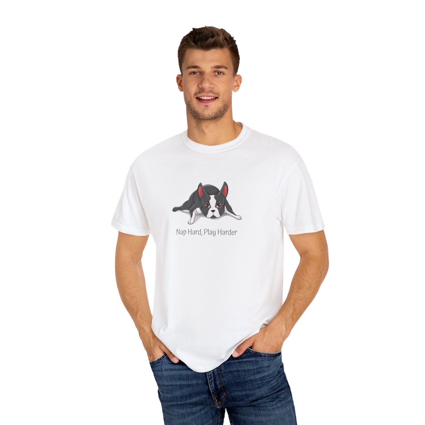 “Nap Hard, Play Harder” Boston Terrier - Unisex Garment-Dyed T-shirt