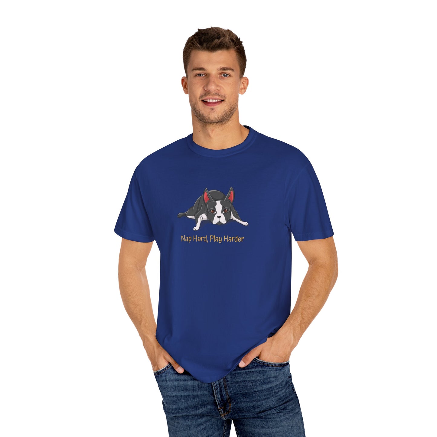 “Nap Hard, Play Harder” Boston Terrier - Unisex Garment-Dyed T-shirt