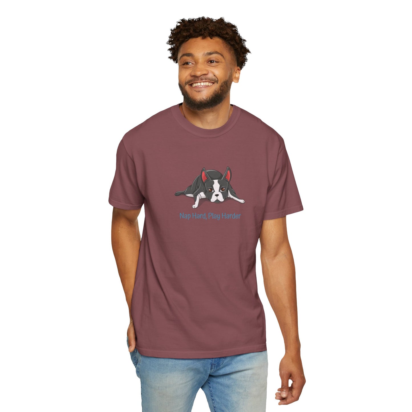 “Nap Hard, Play Harder” Boston Terrier - Unisex Garment-Dyed T-shirt