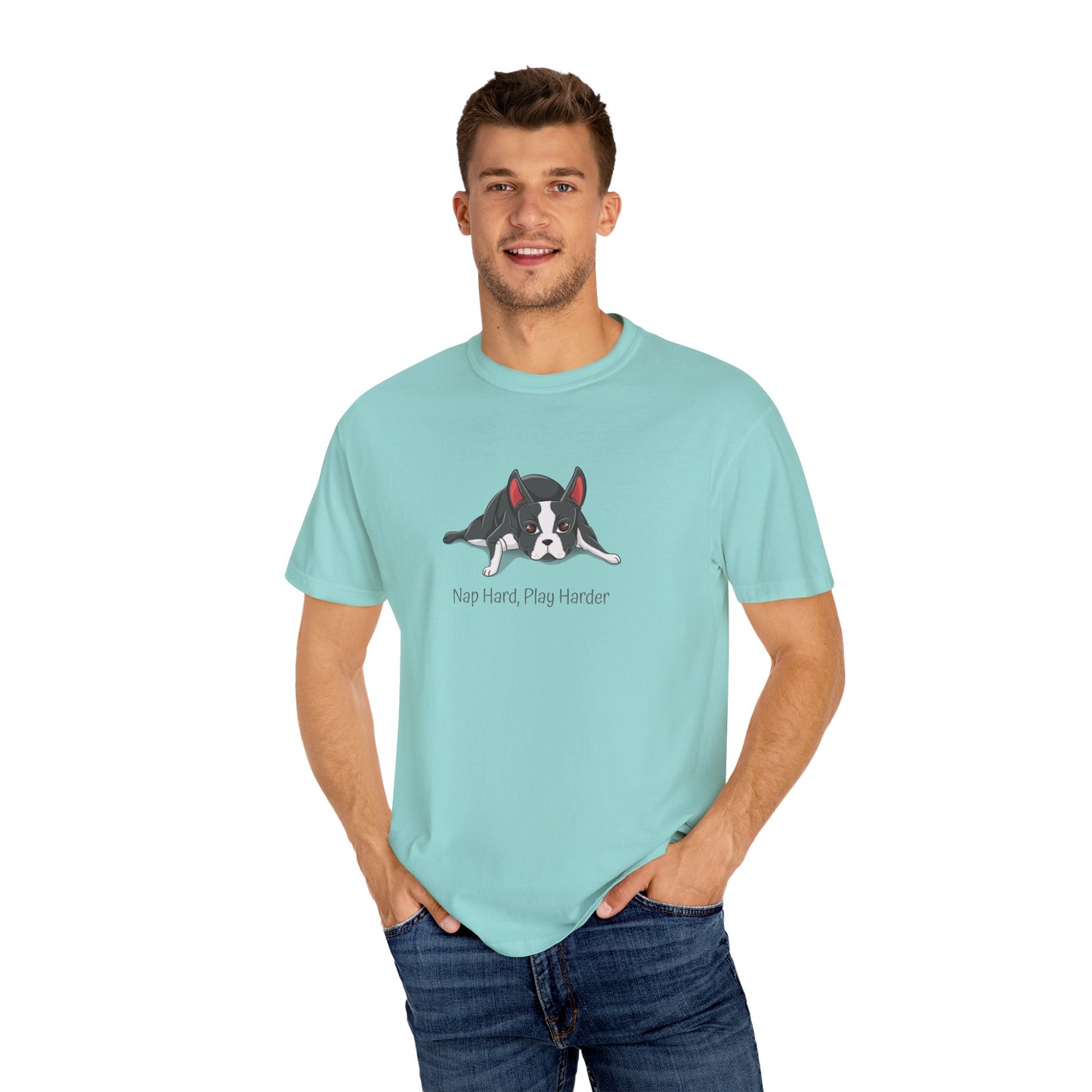 “Nap Hard, Play Harder” Boston Terrier - Unisex Garment-Dyed T-shirt