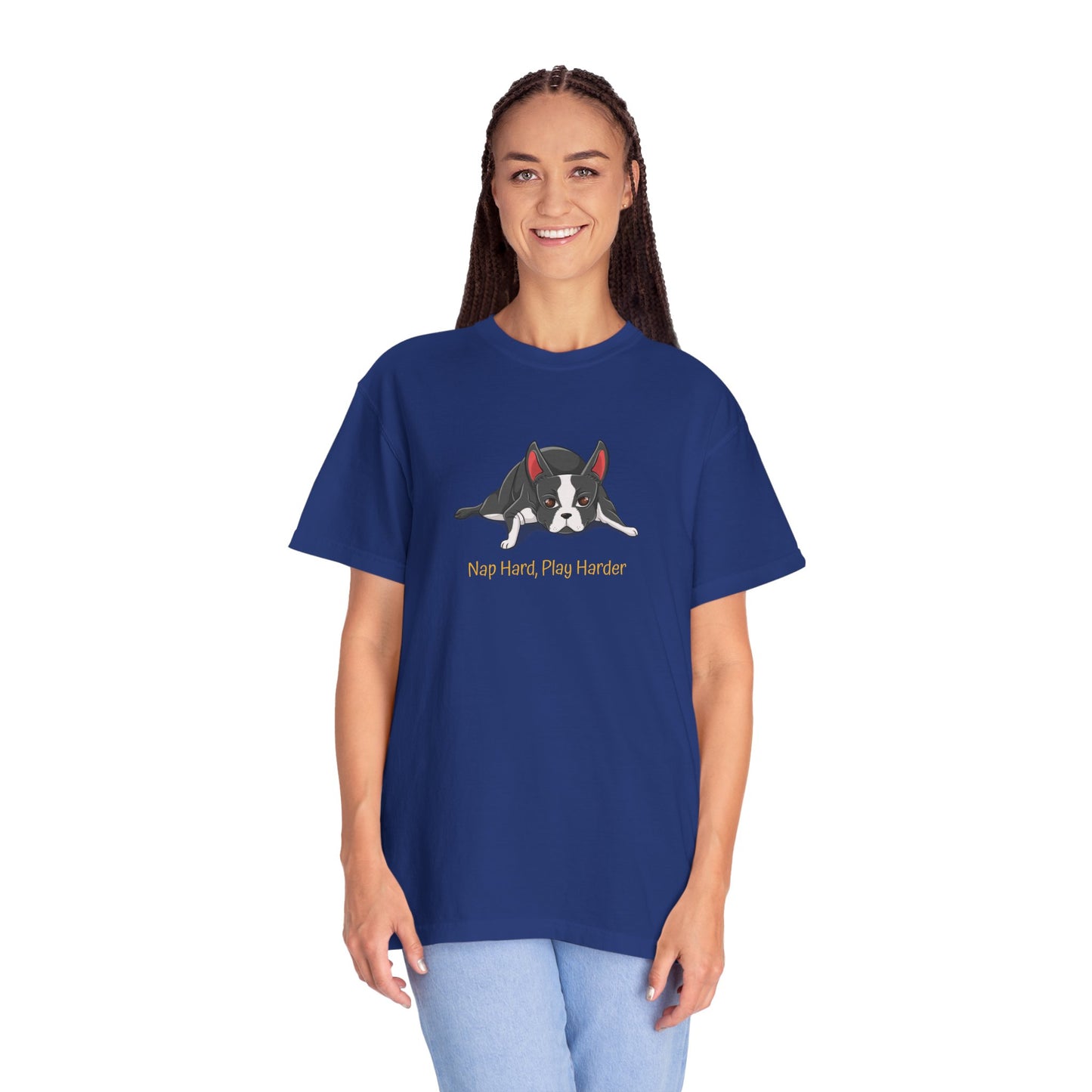 “Nap Hard, Play Harder” Boston Terrier - Unisex Garment-Dyed T-shirt